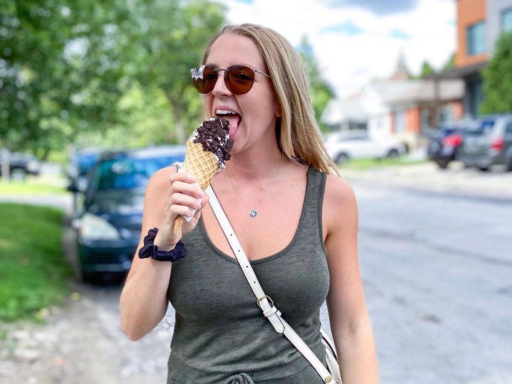 Jenn eating an ice cream cone wearing sunglasses sharing how I stopped binge eating