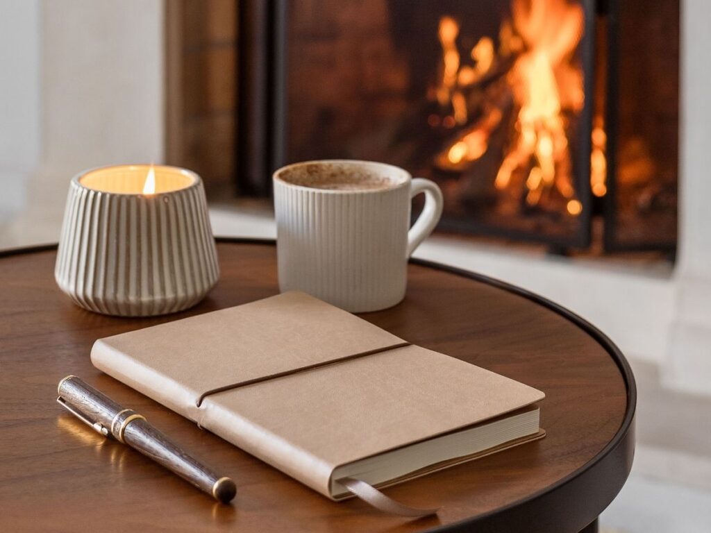 Journal, candle, and mug by a fire place using journaling to find food freedom