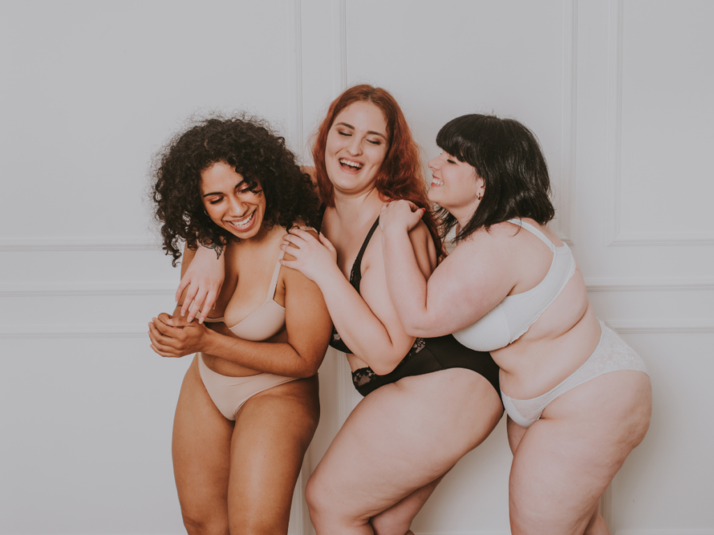 3 women of all different body sizes choosing to love their bodies how they are