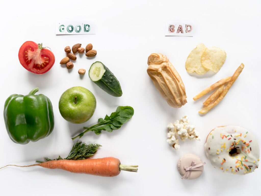 an image with good vs. bad foods, veggies on the left and donuts and fries on the right